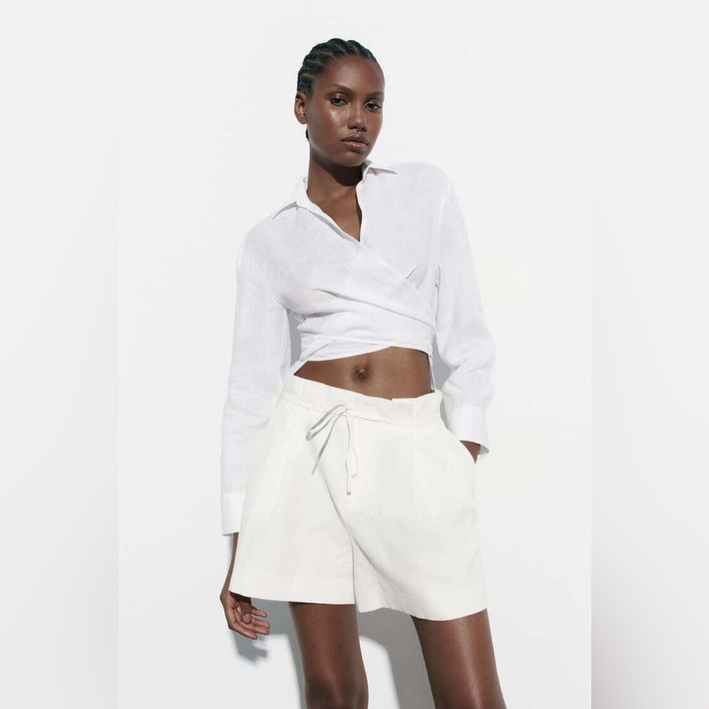 ZARA WHITE LINEN BLEND BERMUDA SHORTS